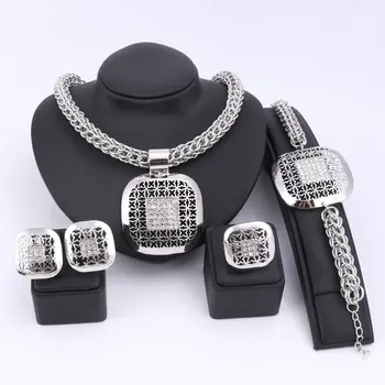 Móda Afriky Korálky Šperky Set Nádherné Dubaj Strieborné Pozlátené Námestie Krištáľové Šperky Set Nigérijský Svadobné Svadobné Bijoux