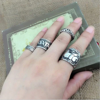 Móda Bohémsky Štýl 4pcs / Pck Retro Antique Silver Ring Slon Totem Šťastie Krúžok Pre Ženy nastavovací Krúžok Veľkoobchod