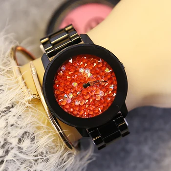 Móda HK Luxusné Značky Higth Kvality Quartz Dámske Hodinky Plné Black Steel Lady Šaty Drahokamu Žena Hodiny Žena náramkové hodinky