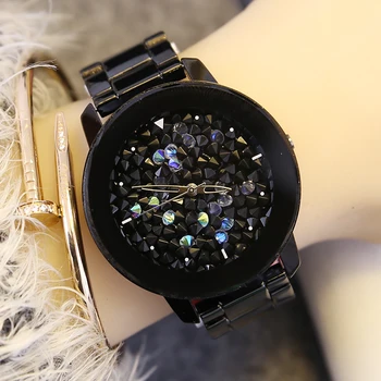 Móda HK Luxusné Značky Higth Kvality Quartz Dámske Hodinky Plné Black Steel Lady Šaty Drahokamu Žena Hodiny Žena náramkové hodinky