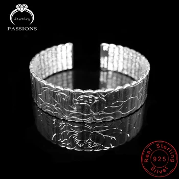 Móda Lotus Vzor Široký Náramok Náramok 925 Sterling Silver Náramok Otvoriť Drôt Nastaviteľný Dizajn Náramok Pre Ženy Šperky