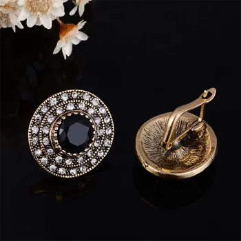 Móda Nový Príchod Turecko Dávnych Zlata-Farebná Kola Black Drahokamu Živice Stud Náušnice Prsteň Vintage Rusko Šperky Sady