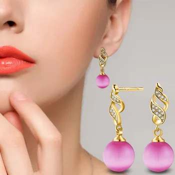 Móda Nový Ružový Opál Kameň Drop Náušnice Crystal Špirála Dizajn Zlatá Farba Náušnice Šperky Pre Ženy