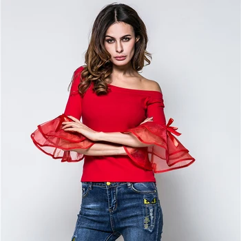 Móda Ramena Topy Pre Ženy, Nový 2018 Lete Sexy Top Tees Luk Svetlice Rukáv Organza Slim Žien T-Shirts 1479