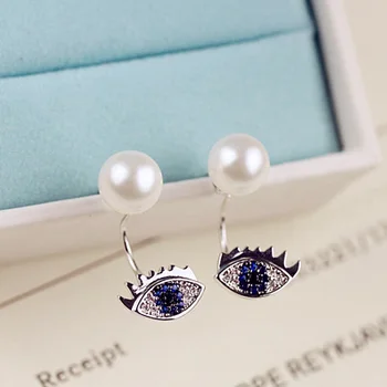 Móda Simulované Pearl Náušnice Malé CZ Kryštálmi Kameň Blue Eye Dvojité Bočné Späť Zavesiť Náušnice Ženy Šperky z bieleho Zlata Farba