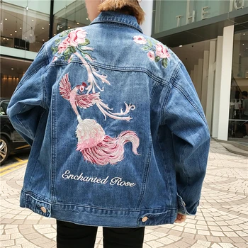 Móda Vták Výšivky Denim Jacket Ženy Dlhý Rukáv Jeans Bundy Vintage Žena Windbreaker Voľné Vrchné Oblečenie Základný Náter 2017