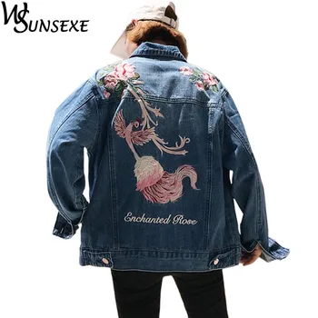 Móda Vták Výšivky Denim Jacket Ženy Dlhý Rukáv Jeans Bundy Vintage Žena Windbreaker Voľné Vrchné Oblečenie Základný Náter 2017
