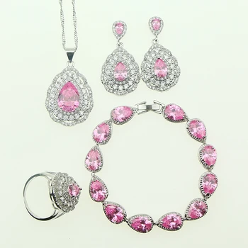 Móda Ženy 925 Sterling Silver Šperky Ružovými Zirkónmi Krištáľové Náušnice/Prívesok/Náhrdelník/Krúžok/Náramok Šperky Sady