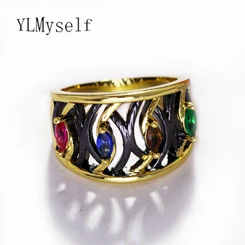 Módna návrhárka black prst prsteň s multi farebné kamene anel feminino anillos bague aneis šperky z medi prstene pre ženy