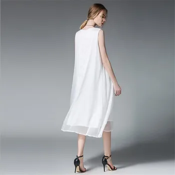 Módne Biele Ženy Dlho Nádrž Šaty 2017 Nové Leto, Jeseň Retro bez Rukávov Šifón Vzory Bežné Šaty Slim Plus veľkosť XXXXL