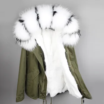 Módne dámske prírodné králik kožušinu linajkované kapucňou kabát mini parkas Veľký raccoon kožušiny golier outwear zimná bunda
