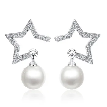 Módne značky strieborné šperky Dievčatá luxusné imitácia perly päť - špicaté hviezdy Stud Náušnice osobnosti prehnané náušnice 8MM