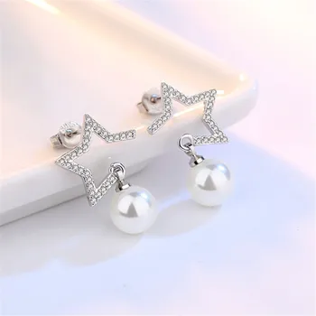 Módne značky strieborné šperky Dievčatá luxusné imitácia perly päť - špicaté hviezdy Stud Náušnice osobnosti prehnané náušnice 8MM