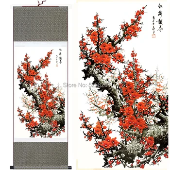 Najkrajšie Tradičnej Čínskej Maľby Hodváb Prejdite Slivkové Kvety Maľovanie Na Stenu Obrázok, Obývacia Izba Dekorácie Domova