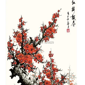 Najkrajšie Tradičnej Čínskej Maľby Hodváb Prejdite Slivkové Kvety Maľovanie Na Stenu Obrázok, Obývacia Izba Dekorácie Domova