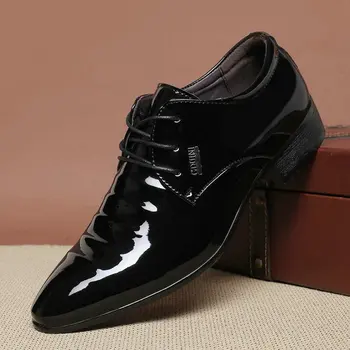 Najlacnejšie Pracovné Office topánky mens lakovanej kože Oxfords business svadobné čierne topánky šnurovacie Ukázal prst kožené byty AB-23