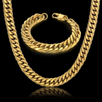 Najnovšie Hrubé Afriky Šperky Nastaviť Módne Robustný Zlatá Farba Reťaz Sada Pre Mužov Kubánskej Prepojenie 14 MM Reťaz Náramok, Náhrdelník Sady