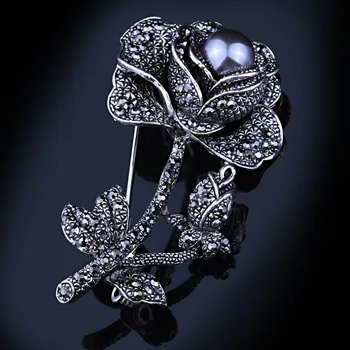 Napodobňované Gray Pearl Strieborné Pozlátené Jemné Ruže Kvet Sveter Kolíky a Brošne Módne Crystal Drahokamu Brošňa pre Ženy
