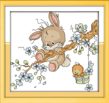 Naughty králik na strome Vytlačené Plátno DMC Počíta Cross Stitch Súpravy vytlačené Cross-stitch nastaviť Výšivky, Výšivky