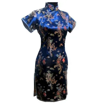 Navy blueTraditional Klasické Čínske Šaty Mujere Vestido Žien Satin Cheongsam Mini Qipao Veľkosť S M L XL XXL XXXL 4XL 5XL 6XL