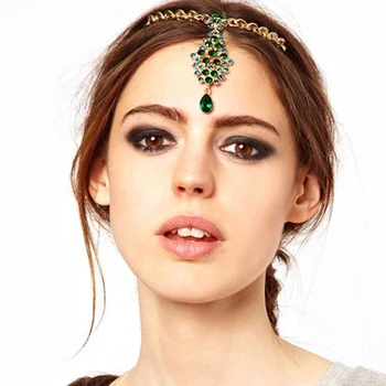 Nevesta Hair Pin Green Crystal Drahokamu Hlavu Reťazca Svadobné Headpiece Indickej Čelo, Vlasy, Šperky Pre Ženy