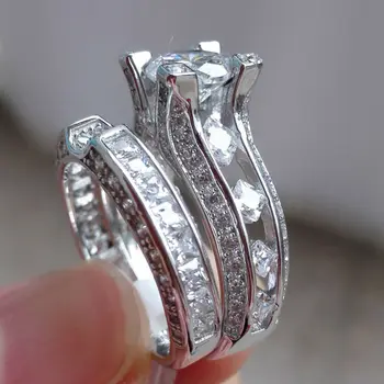 Newshe 2.3 Ct Okrúhly Rez CZ Skutočné 925 Sterling Silver Ring Sady Zapojenie Kapela Klasické Šperky Pre Ženy