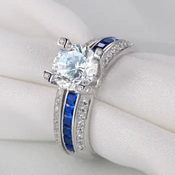 Newshe 925 Sterling Silver Ring Sady Pre Ženy Modrá Cubic Zirconia Zapojenie Kapela Módne Šperky Pre Ženy