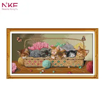 NKF D975 14CT 11CT Pečiatkou a Počíta Domáce Dekorácie Krásne Littele Mačky v Koši Cross Stitch Súpravy