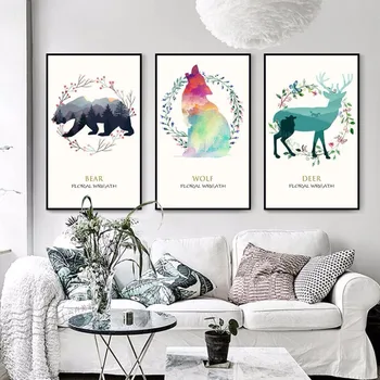 Nordic Domova Cartoon Zvierat Plátno Maliarske Umenie Multicolor Medveď Vlk Jeleň Plagáty a Potlačou obrazov na Stenu Pre Obývacia Izba