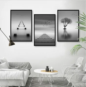 Nordic moderný minimalistický abstraktné čiernej a bielej scenérii obývacej miestnosti, dekoratívne maľby Frameless obrazy