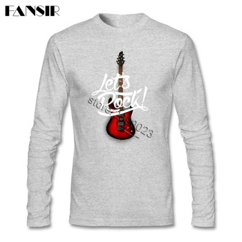 Normálne T-shirt Mužov Chlapec Poďme Rock Guitar Dlhý Rukáv Kolo Krku Bavlna Muži T-shirts XXXL