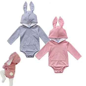 Novorodenca Dieťa, Dievča, Chlapec, Oblečenie 3D Rabbit Ucho, Dlhý Rukáv Pevné Kombinézu Oblečenie s Kapucňou Jumpsuit Jeden Kus Oblečenie 0-24M