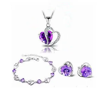 Nové 2016 srdce dizajn 925 sterling silver šperky set kubických fialová crystal náhrdelníky & retiazky 45 cm