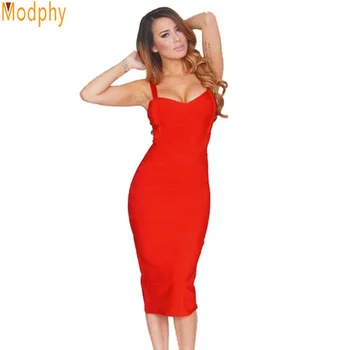 Nové 2017 ženy sexy celebrity midi red white hl elastický obväz šaty špagety popruh klub bodycon party šaty veľkoobchod HL434