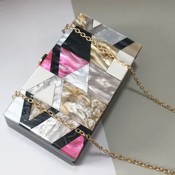 Nové 2018 Ženy messenger bag v Lete unqique akryl geometrické stožiare, patchwork, kabelka malé patry Spojka lady roztomilý večer taška
