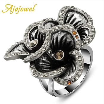 Nové Ajojewel Žien Vintage Prsteň Starožitné Veľké Krištáľovo Drahokamu 3 Kvety Šperky Čierna