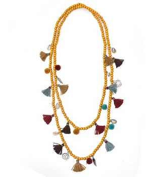Nové Bohemia Boho dlhé drevené perlové Náhrdelníky farebné strapec prívesky vrstvený dlhý náhrdelník Multi-Layer vyhlásenie Náhrdelníky