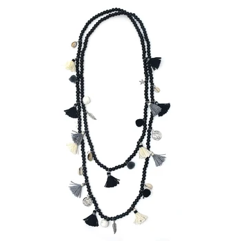 Nové Bohemia Boho dlhé drevené perlové Náhrdelníky farebné strapec prívesky vrstvený dlhý náhrdelník Multi-Layer vyhlásenie Náhrdelníky