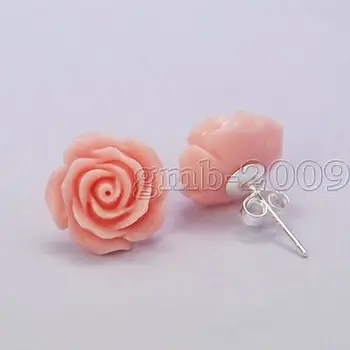Nové Celkom 12 mm Coral Pink Rose Flower 925 Silver Stud Náušnice