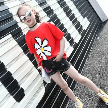 Nové detské Letné Oblečenie 3D Kvetina Tlače T-shirt Pre Dievčatá, Deti Červená Čierna Bavlnená Blúzka Baby Girl Krátke Rukáv Top Oblečenie