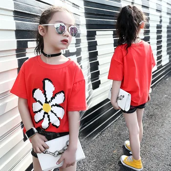 Nové detské Letné Oblečenie 3D Kvetina Tlače T-shirt Pre Dievčatá, Deti Červená Čierna Bavlnená Blúzka Baby Girl Krátke Rukáv Top Oblečenie