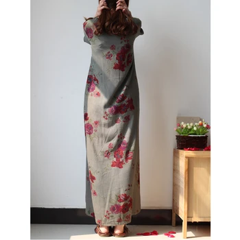 Nové dorazí 2016 Ženy Tlač Voľný čas Zimné Šaty Ropa Mujer Voľné Bavlnená posteľná Bielizeň Dlhé Šaty, Chinoise Dĺžka Podlahy Maxi Šaty