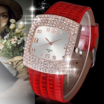 Nové dámske Luxusné Lesklé Námestie Crystal Kamienkami Faux Kožené Analógové Náramkové Hodinky 6V5N