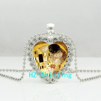Nové Gustav Klimt Kiss Srdce Náhrdelník Gustav Klimt Crystal Prívesok Šperky, Strieborné Srdce Náhrdelník Loptu Reťazca HZ6