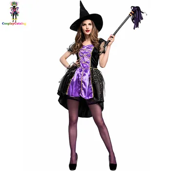 Nové Halloween Ženy Fialový Kostým Čarodejnice Žena Šaty s Klobúkom, Karneval, Cosplay Kostýmy Veľkosť M/L/XL Kúzelníčka Oblečenie