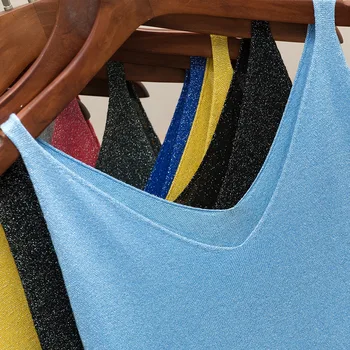 Nové jarné a letné 2017 svetlé hodváb pletené vest, long double V štíhle Sexy plavky s uväzovaním za golier košele