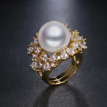 Nové Luxusné Veľké Perly Ženám Krúžok AAA Cubic Zirconia Pripraviť White /Gold-Farba Prst Krúžky Pre Svadobné Party Darčeky R-004