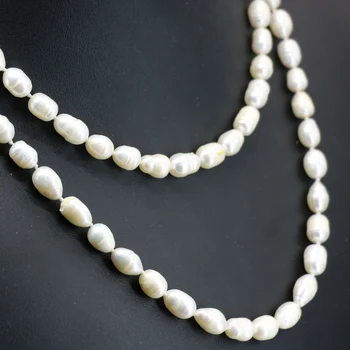 Nové módne 9-10 mm prírodná biela sladkovodné perly barel ryže s dlhým reťazcom náhrdelník pre ženy, nové módne šperky 36inch B2918