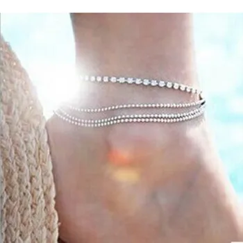 Nové Módne dámske multi Vrstvy Členok Náramok Reťaz Prepojenie Nohy Crystal Korálky Sandál Pláži Anklet Šperky Pre Ženy