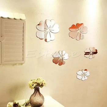 NOVÉ Módne Kvety Striebro Akrylových 3D Efekt zrkadlenia Samolepky na Stenu Domova Nálepky